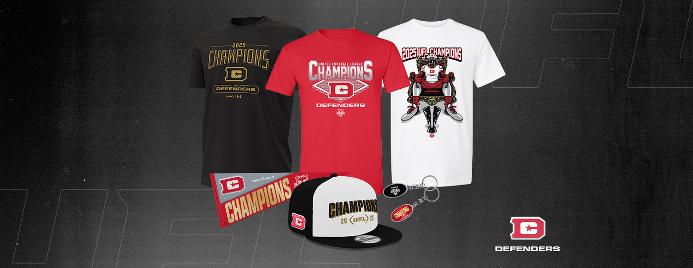 Assortment of DC Defenders Championship Products With A Stylized UFL Background