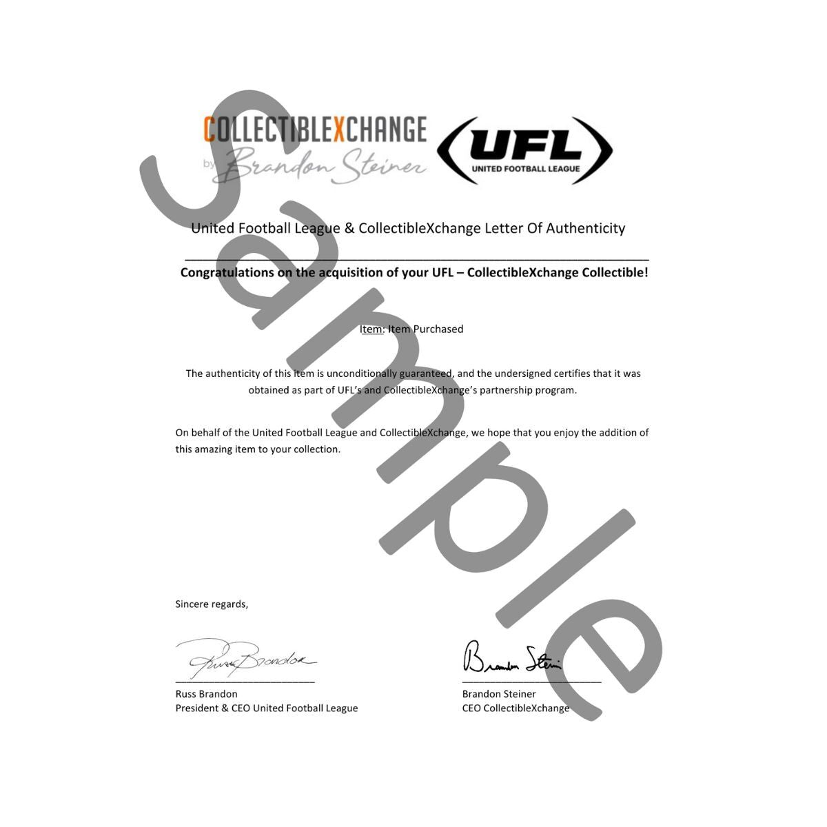 UFL Birmingham Stallions at DC Defenders March 30 2025 Season Opening Game Kickoff Ball - Sample Letter of Authenticity
