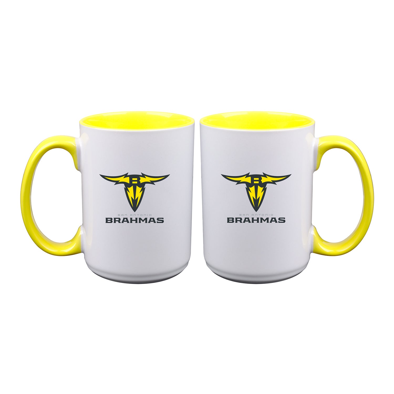 San Antonio Brahmas Bundle - 15 Oz. Mug & Mini Football In White & Yellow - Mug Combined Sides View