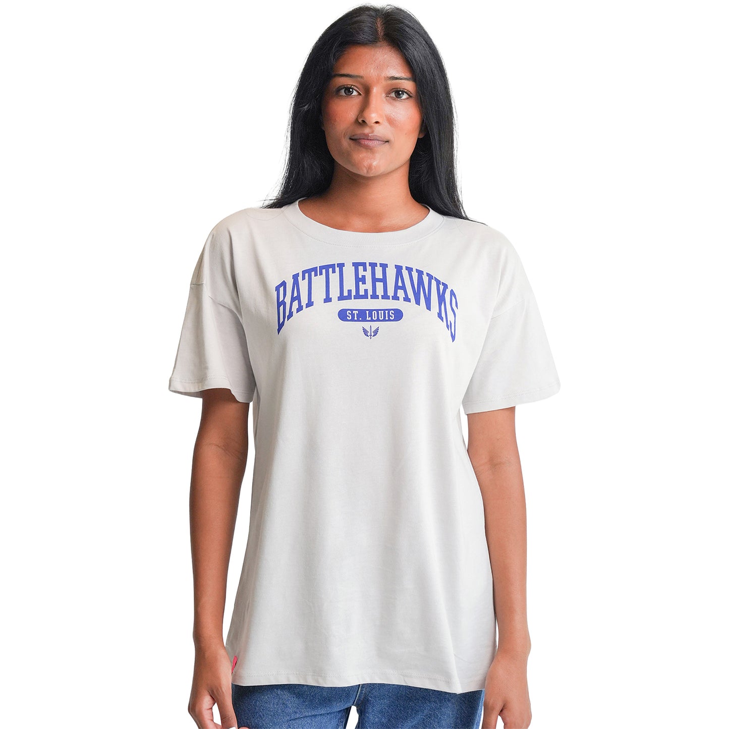 St. Louis Battlehawks Lusso Women's Oversized T-Shirt In White - Front View On Model