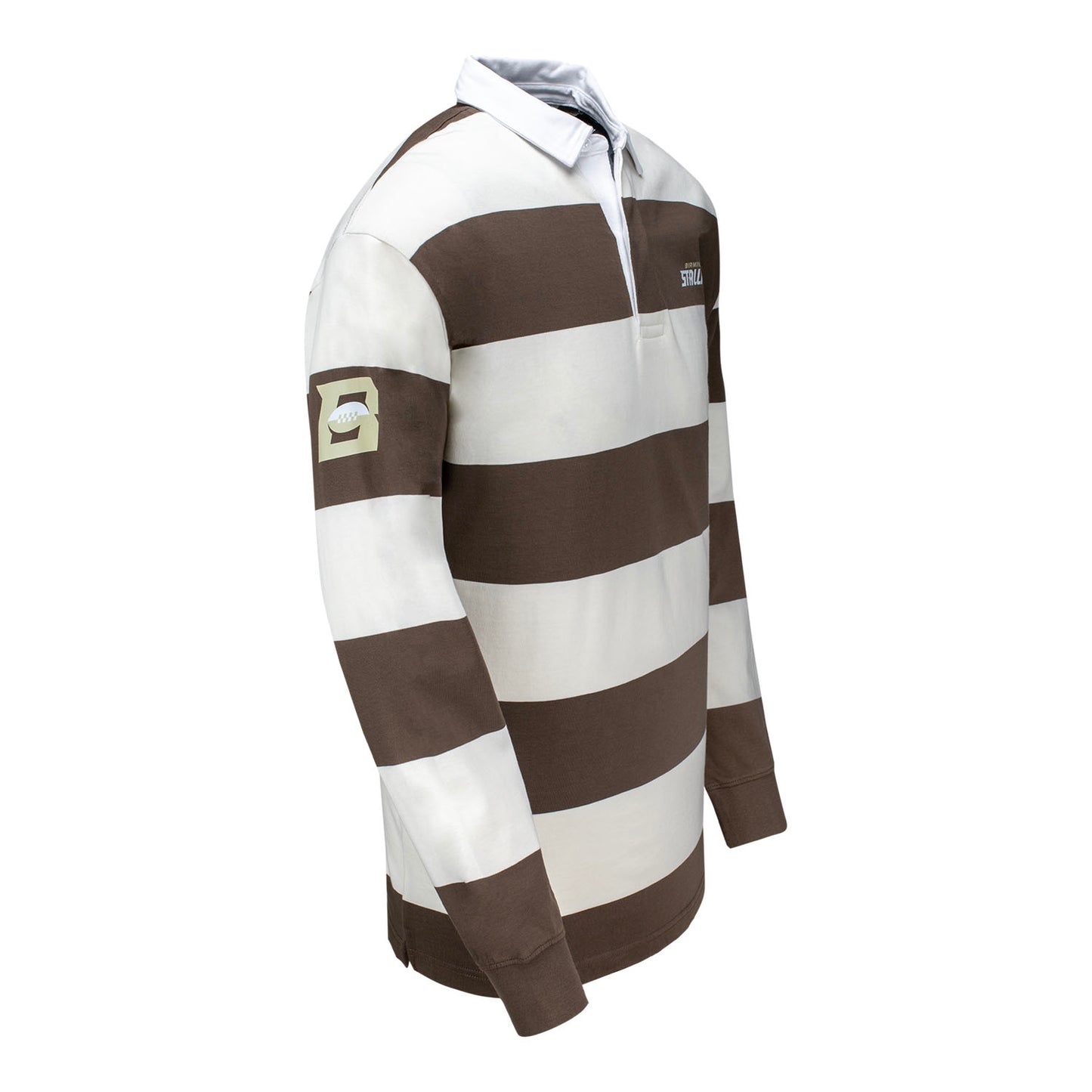 Birmingham Stallions Striped Rugby Polo In White & Brown - Right Side View