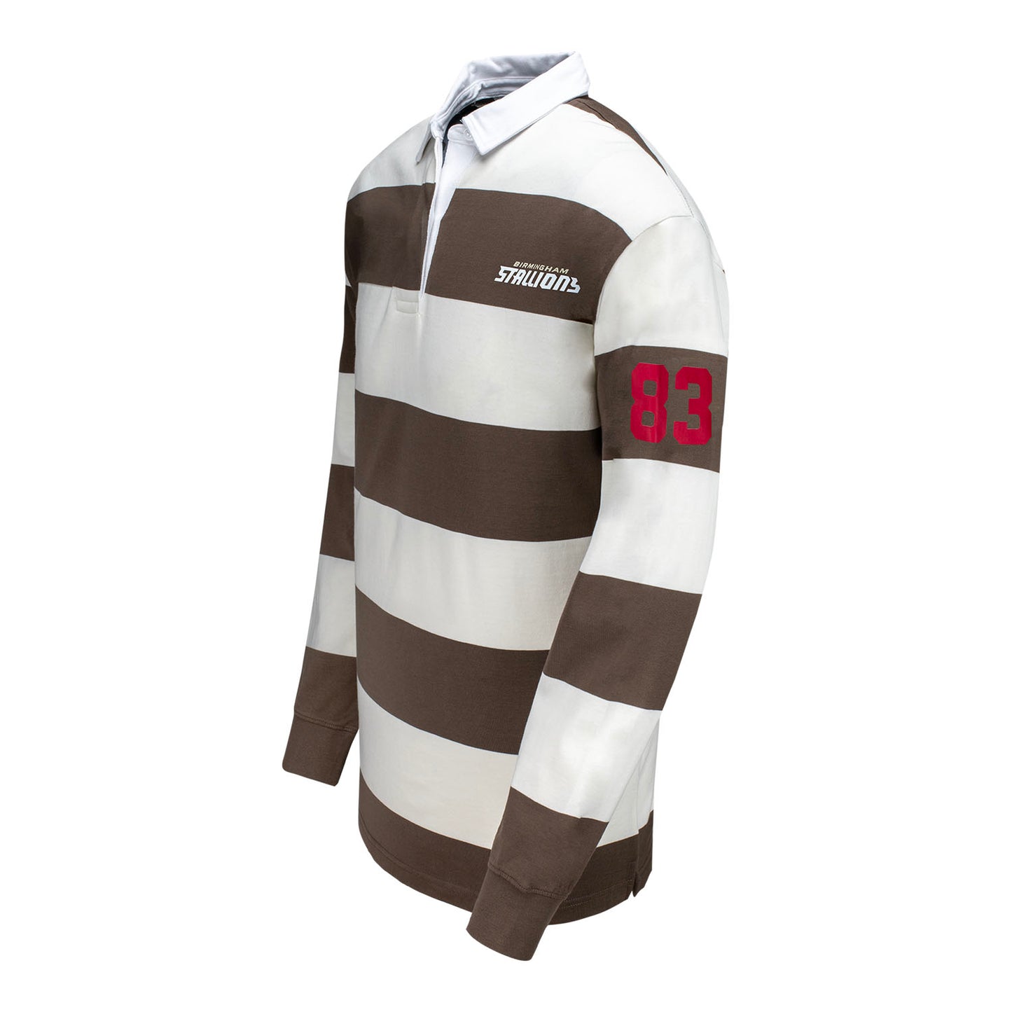 Birmingham Stallions Striped Rugby Polo In White & Brown - Left Side View