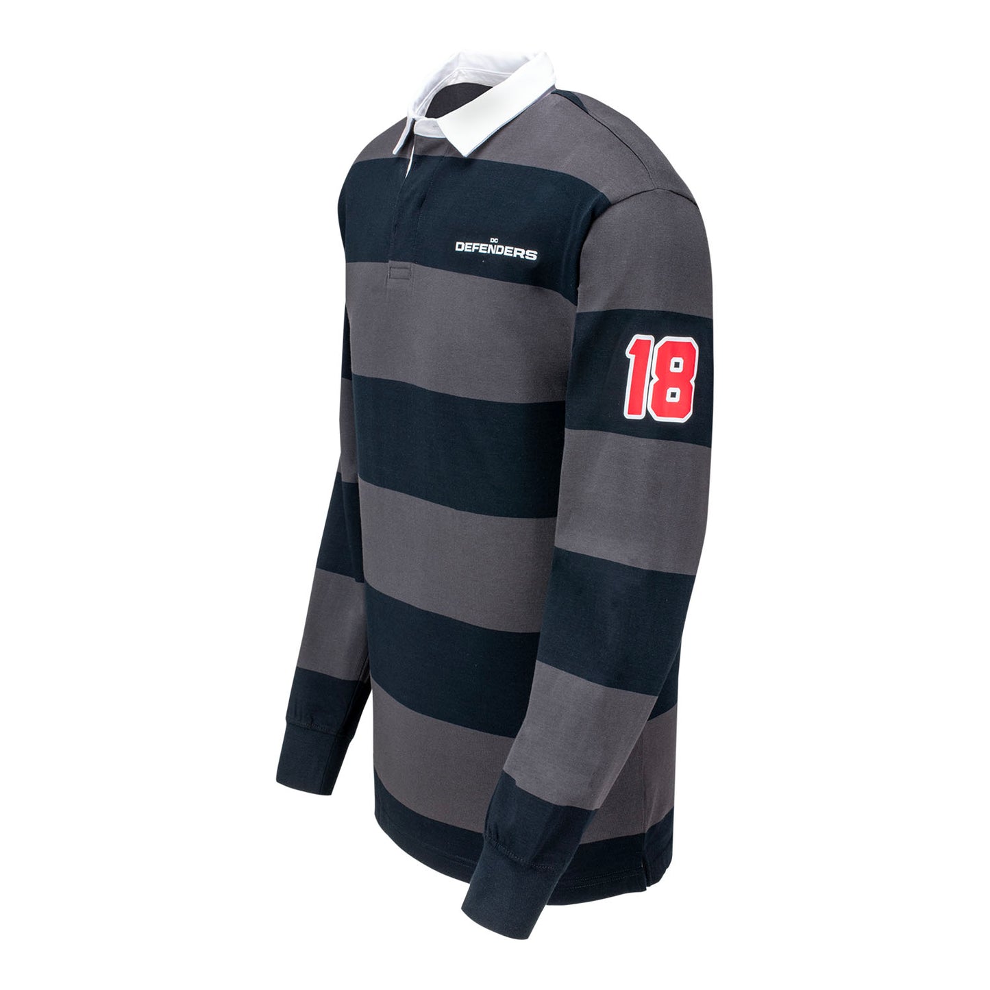 D.C. Defenders Striped Rugby Polo In Grey & Black - Left Side View