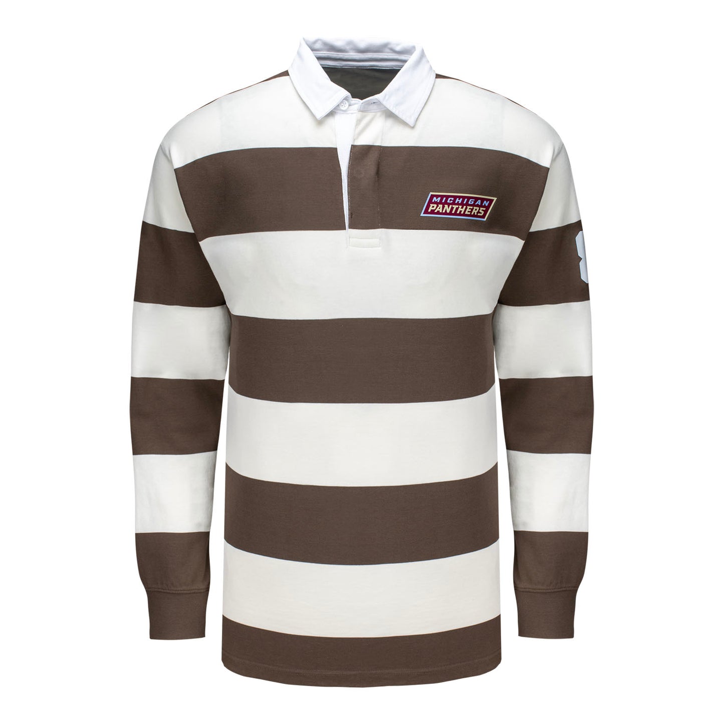 Michigan Panthers Striped Rugby Polo In White & Brown - Front View