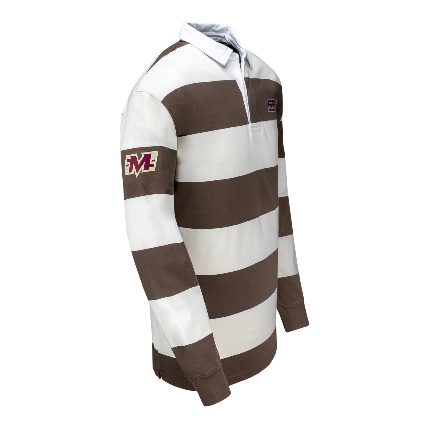 Michigan Panthers Striped Rugby Polo In White & Brown - Right Side View