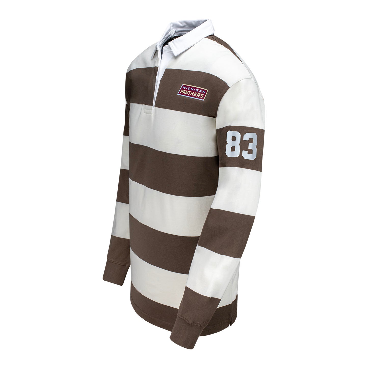 Michigan Panthers Striped Rugby Polo In White & Brown - Left Side View
