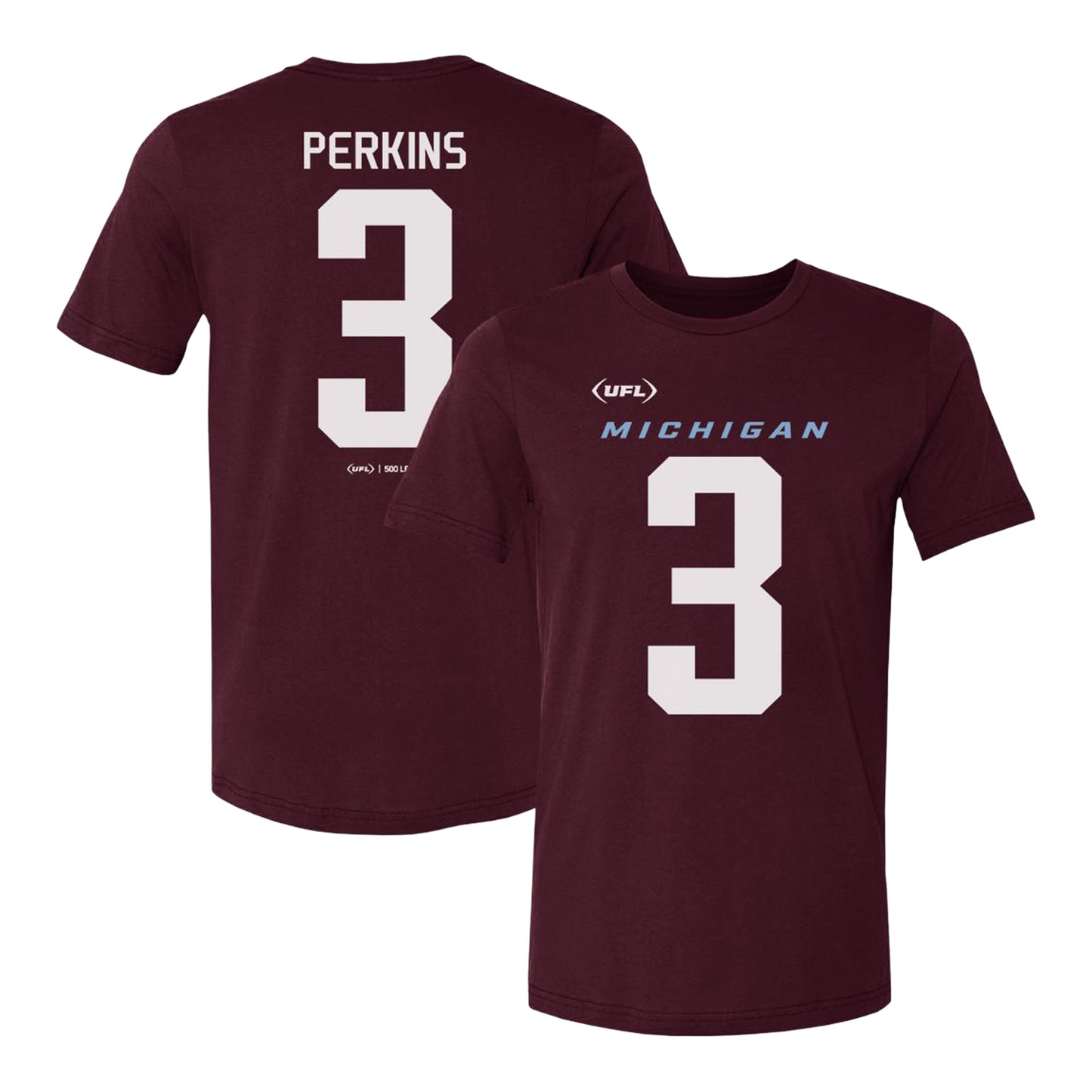 Michigan Panthers Bryce Perkins #3 Player T-Shirt In Red - Front & Back View