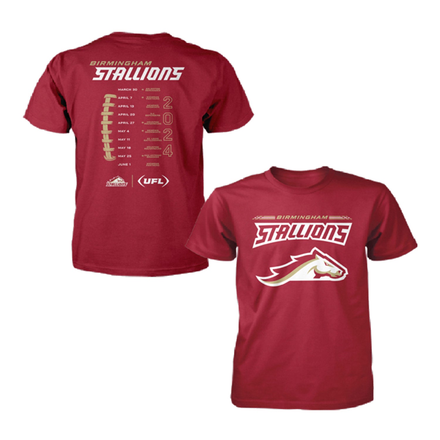 2024 Birmingham Stallions Schedule T-Shirt In Red - Front & Back View
