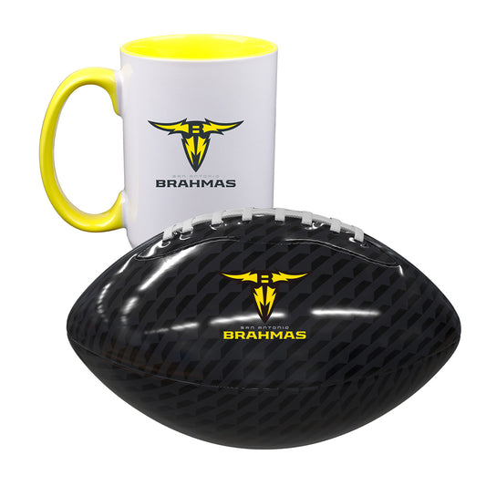 San Antonio Brahmas Bundle - 15 Oz. Mug & Mini Football In Black, White & Yellow - Combined Front View