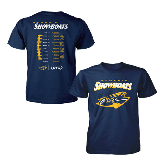 2024 Memphis Showboats Schedule T-Shirt In Navy - Front & Back View