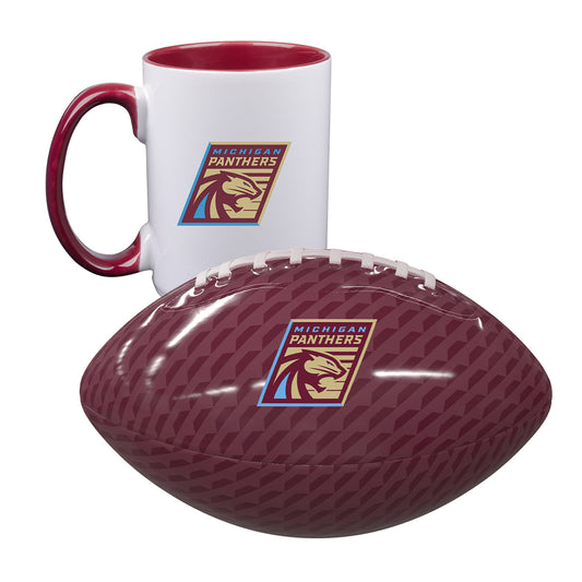 Michigan Panthers Bundle - 15 Oz. Mug & Mini Football In Red & White - Combined Front View