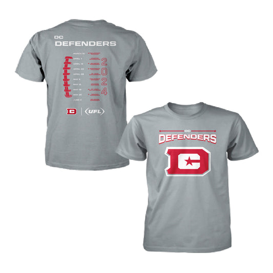 2024 DC Defenders Schedule T-Shirt In Grey - Front & Back View