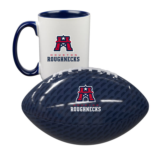 Houston Roughnecks Bundle - 15 Oz. Mug & Mini Football In Blue, White & Red - Combined Front View