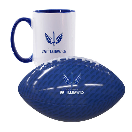 St. Louis Battlehawks Bundle - 15 Oz. Mug & Mini Football In Blue & White - Combined Front View