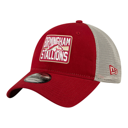 8New Era 9TWENTY Birmingham Stallions Trucker Meshback Hat In Red - Front Left View