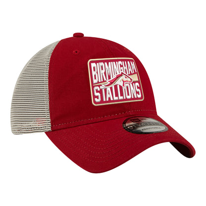 8New Era 9TWENTY Birmingham Stallions Trucker Meshback Hat In Red - Front Right View