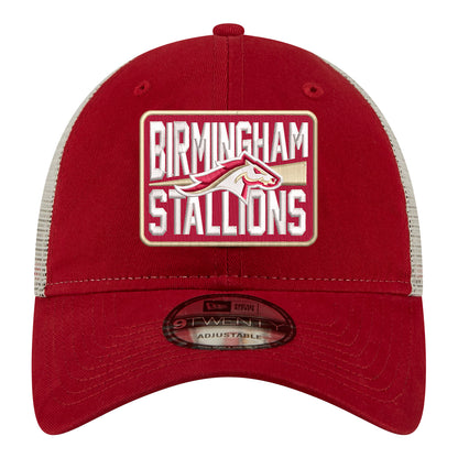 8New Era 9TWENTY Birmingham Stallions Trucker Meshback Hat In Red - Front View