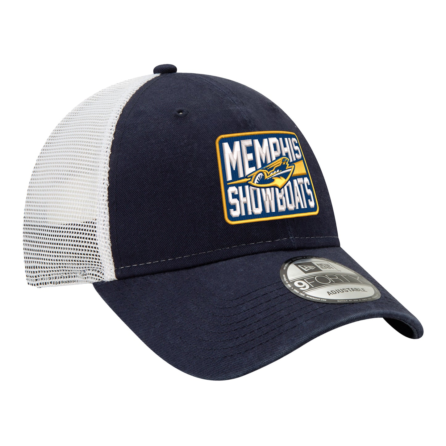 New Era 9TWENTY Memphis Showboats Trucker Meshback Hat In Navy - Front Right View