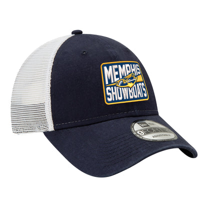 New Era 9TWENTY Memphis Showboats Trucker Meshback Hat In Navy - Front Right View