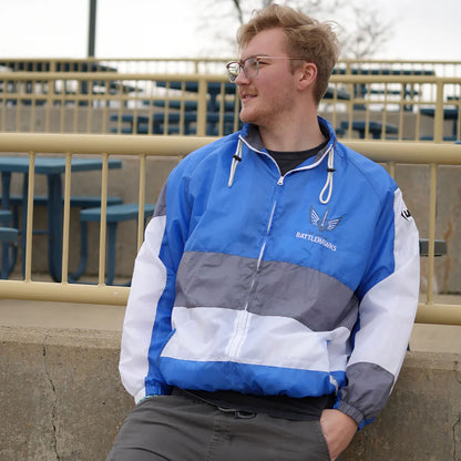 Official League St. Louis Battlehawks Full Zip Windbreaker Jacket On Model In Blue - Front View