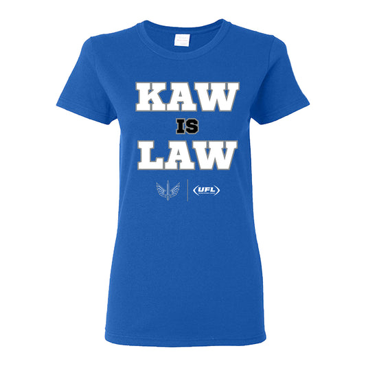 St. Louis Battlehawks Kaw is the Law Ladies T-Shirt In Blue - Front View