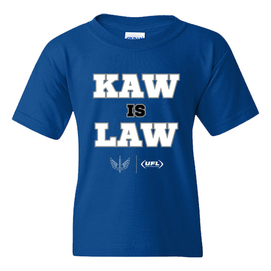 St. Louis Battlehawks Kaw is the Law Youth T-Shirt In Blue - Front View