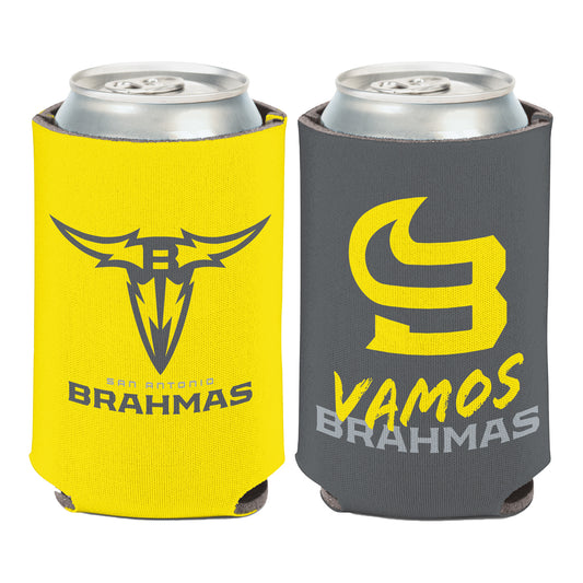San Antonio Brahmas Can Cooler In Grey & Yellow - Front & Back View