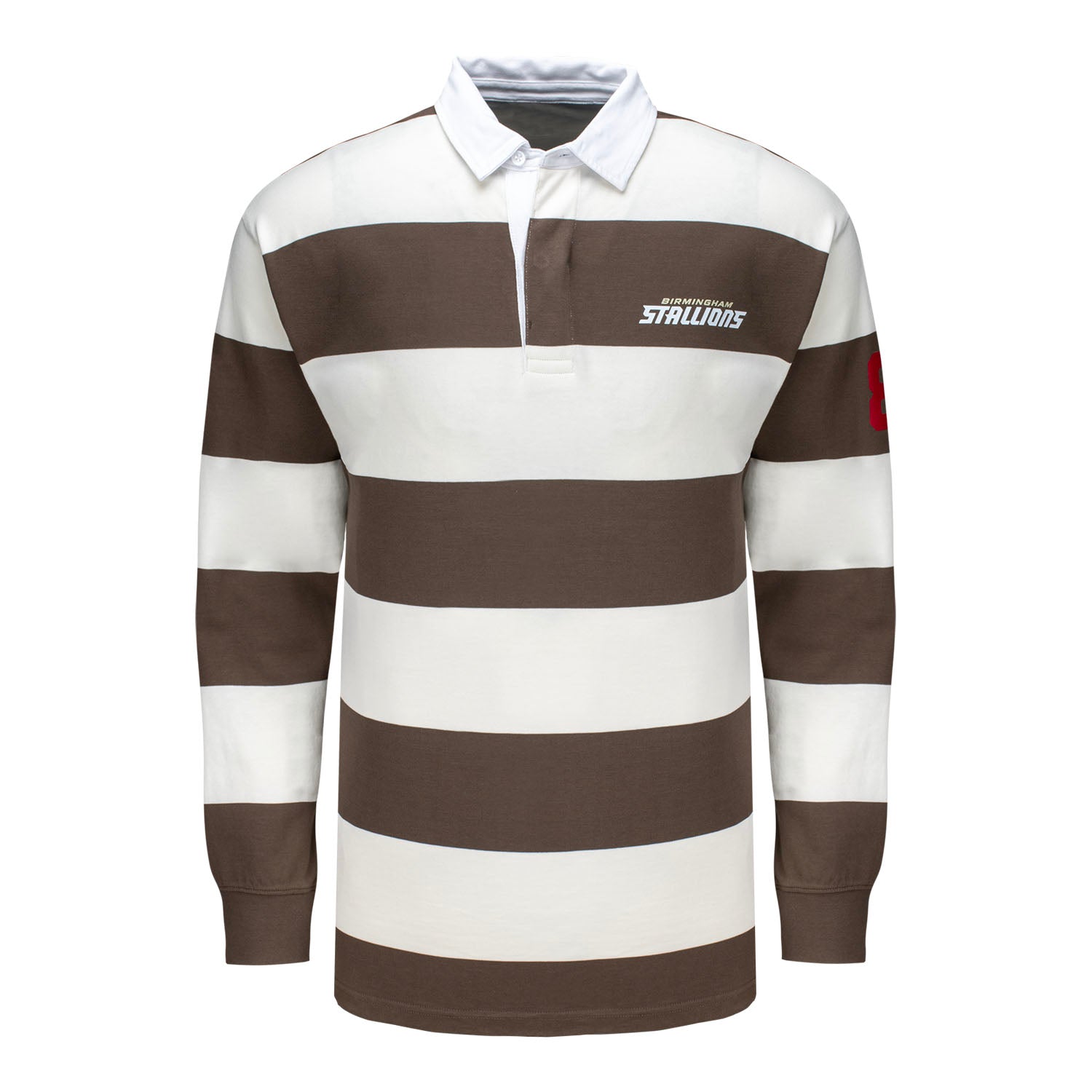 Birmingham Stallions Striped Rugby Polo In White & Brown - Front View