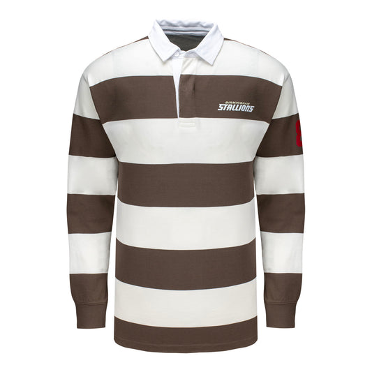 Birmingham Stallions Striped Rugby Polo In White & Brown - Front View
