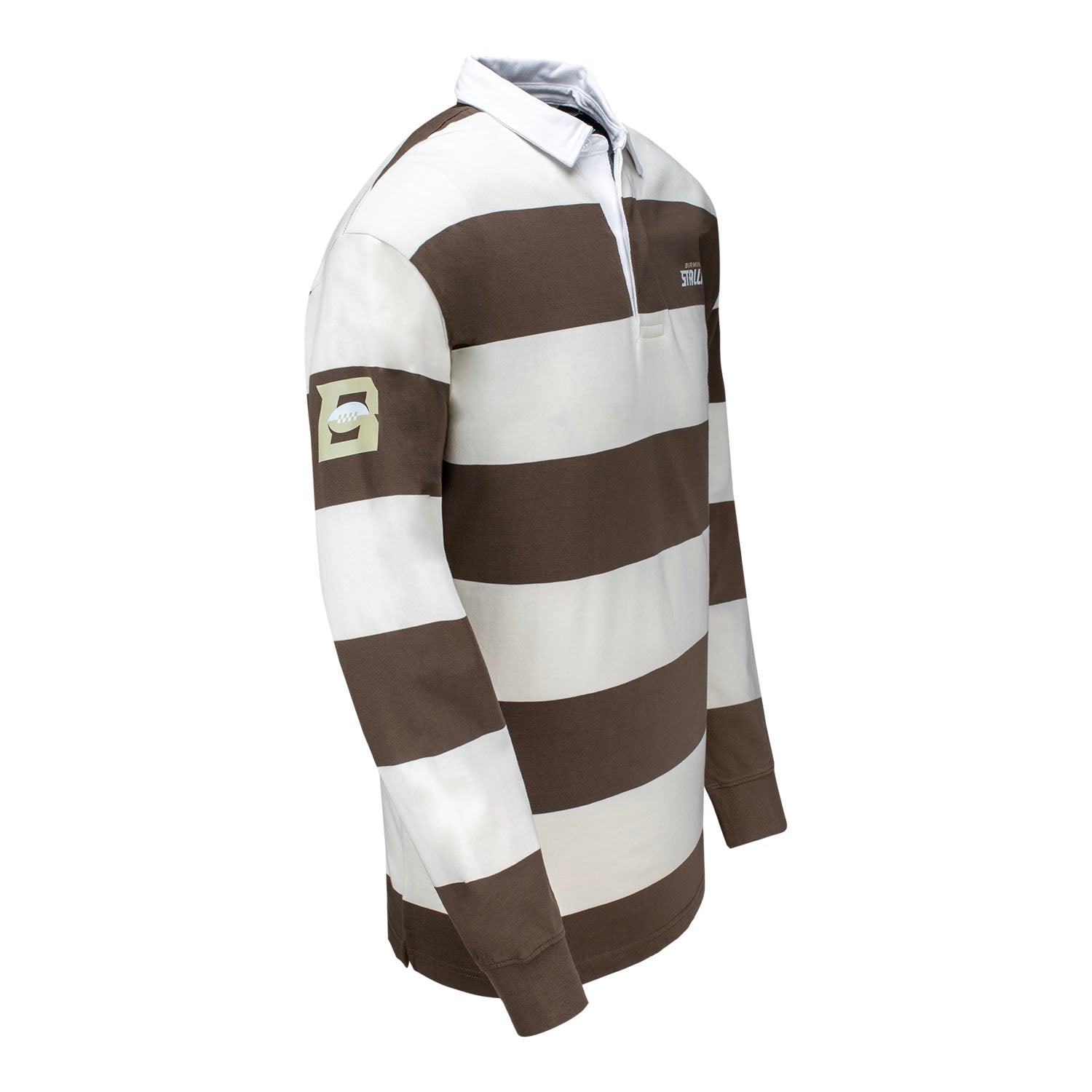 Birmingham Stallions Striped Rugby Polo In White & Brown - Right Side View