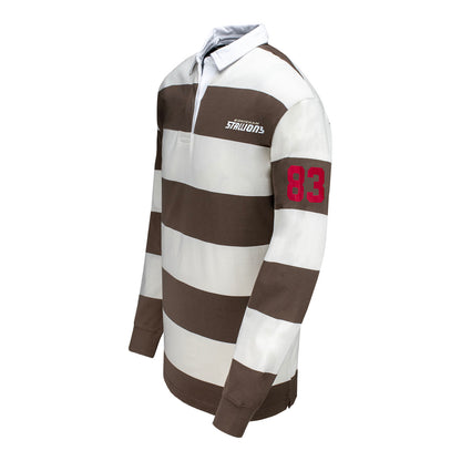 Birmingham Stallions Striped Rugby Polo In White & Brown - Left Side View