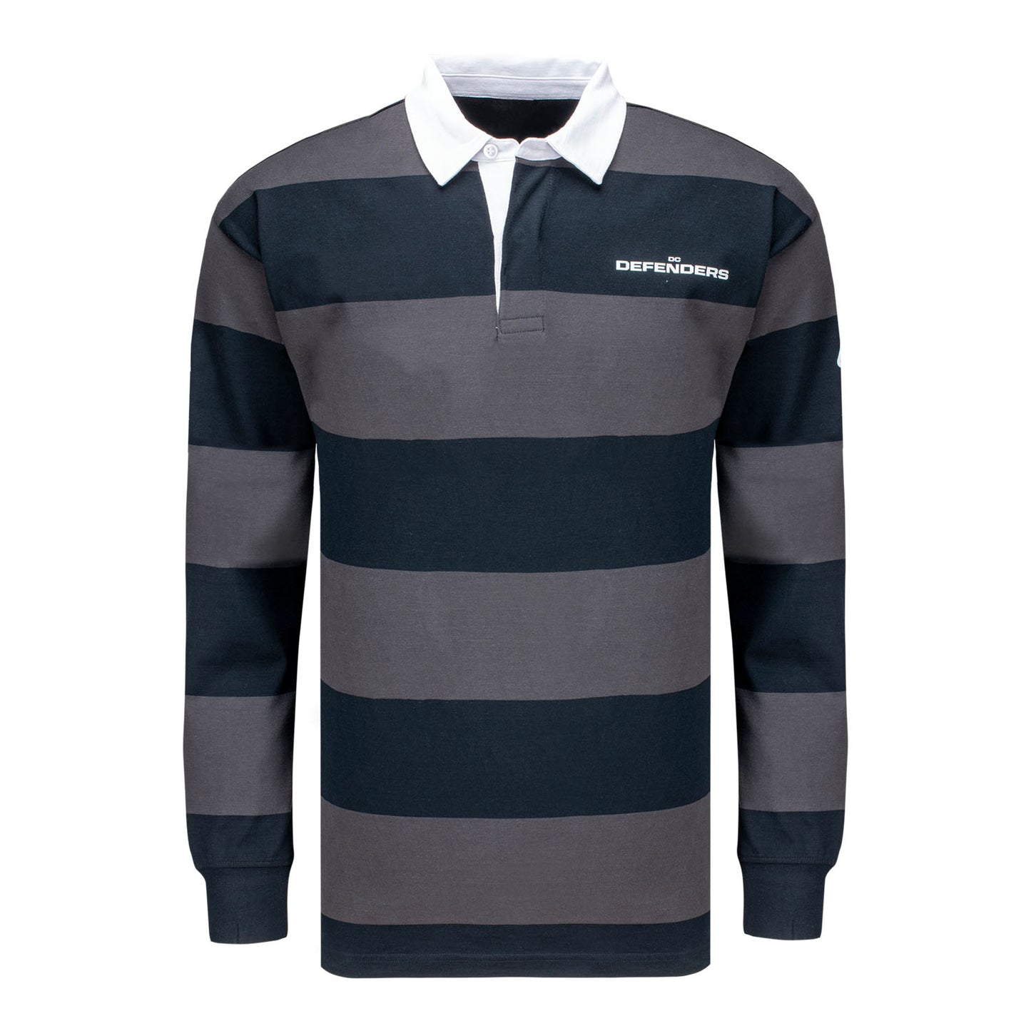 D.C. Defenders Striped Rugby Polo In Grey & Black - Front View