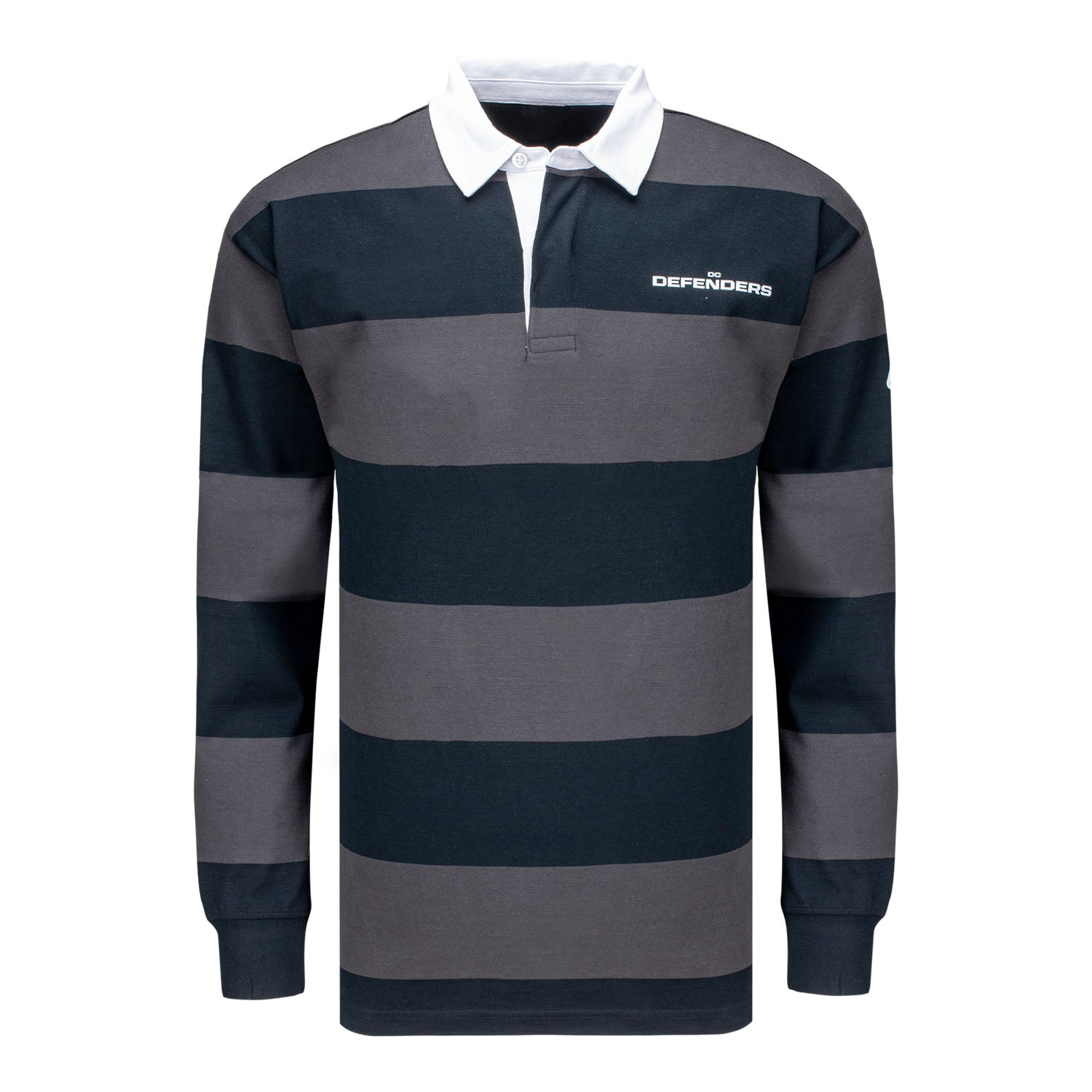 D.C. Defenders Striped Rugby Polo In Grey & Black - Front View