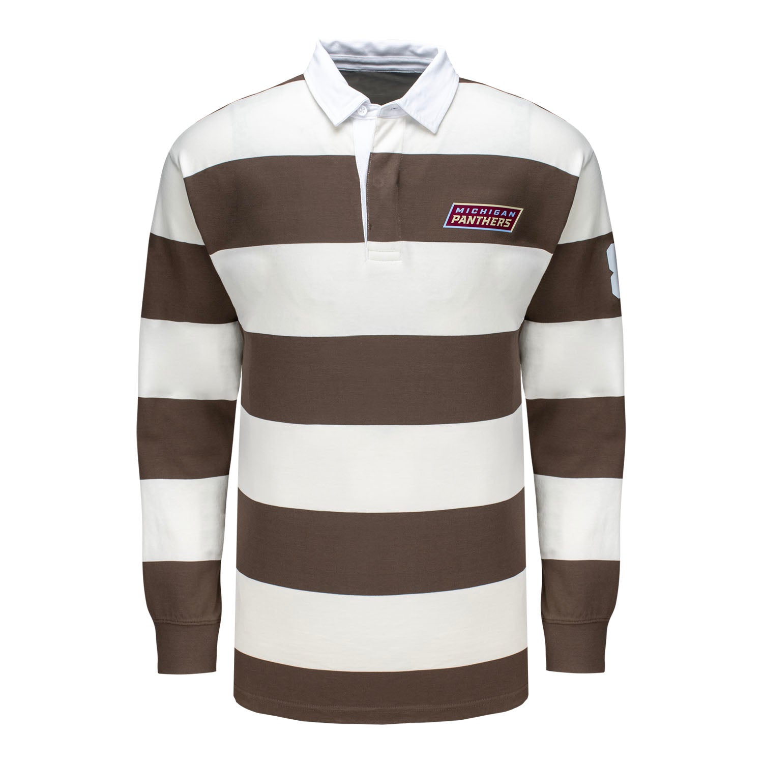 Michigan Panthers Striped Rugby Polo In White & Brown - Front View