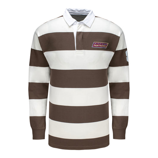 Michigan Panthers Striped Rugby Polo In White & Brown - Front View