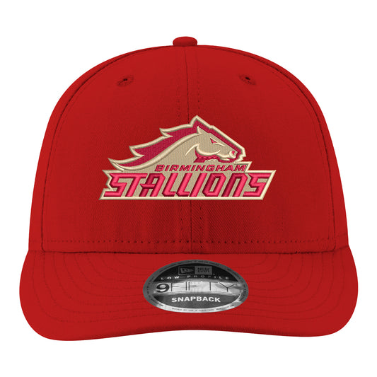 New Era Birmingham Stallions 59FIFTY Low Profile Snapback Hat In Red - Front Left View