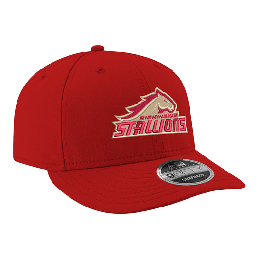 New Era Birmingham Stallions 59FIFTY Low Profile Snapback Hat In Red - Front Right View