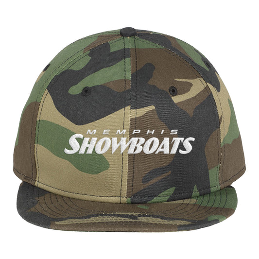 Memphis Showboats Wordmark Camo Snapback Hat In Camouflage - Front View 