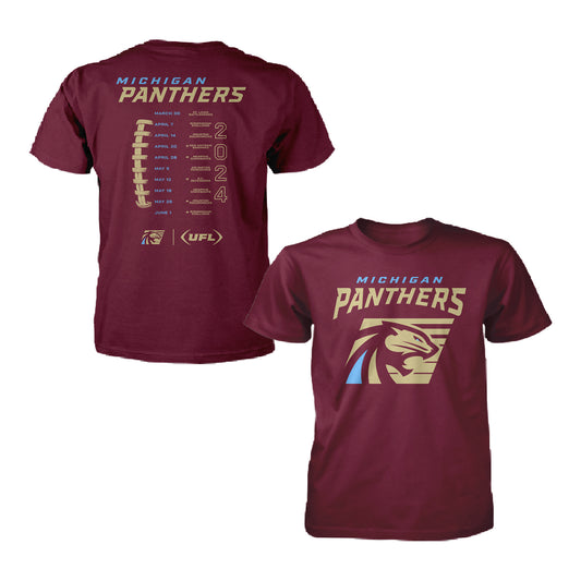 2024 Michigan Panthers Schedule T-Shirt In Red - Front & Back View