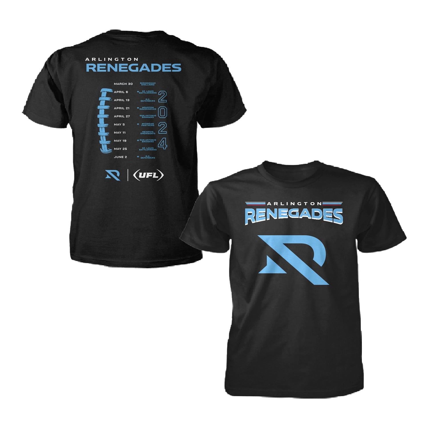 2024 Arlington Renegades Schedule T-Shirt In Black - Front & Back View