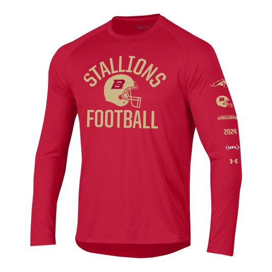 Under Armour Birmingham Stallions Long Sleeve Tech T-Shirt In Red - Front View