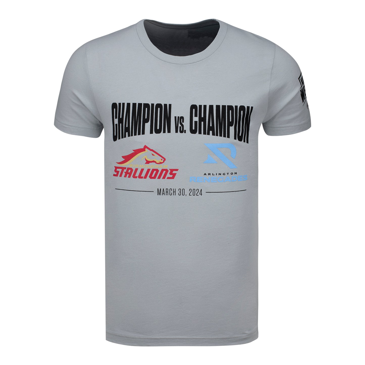 Arlington Renegades & Birmingham Stallions Champ vs. Champ Matchup T-Shirt In Grey - Front View