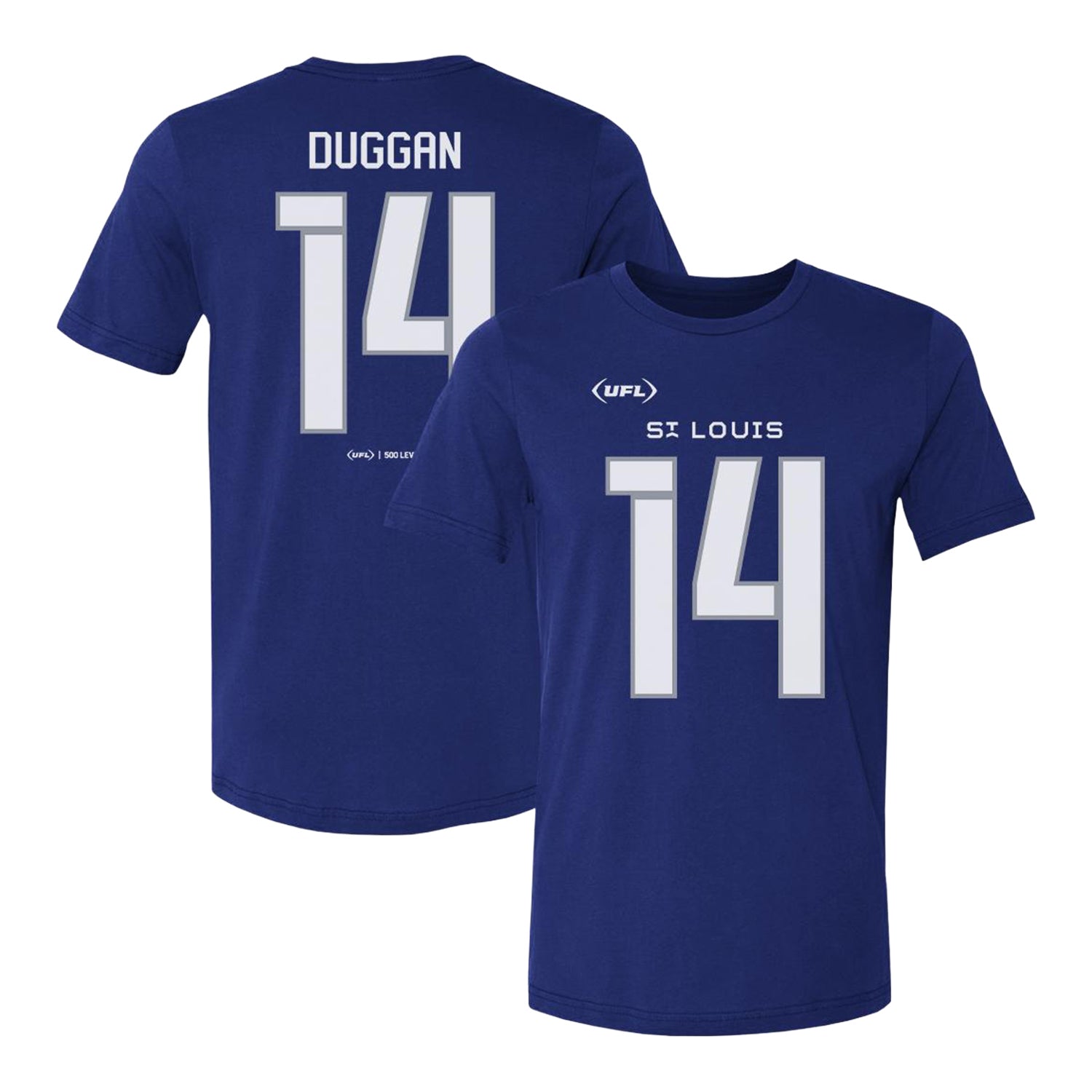 St. Louis Battlehawks Max Duggan #10 Player T-Shirt In Blue - Front & Back View