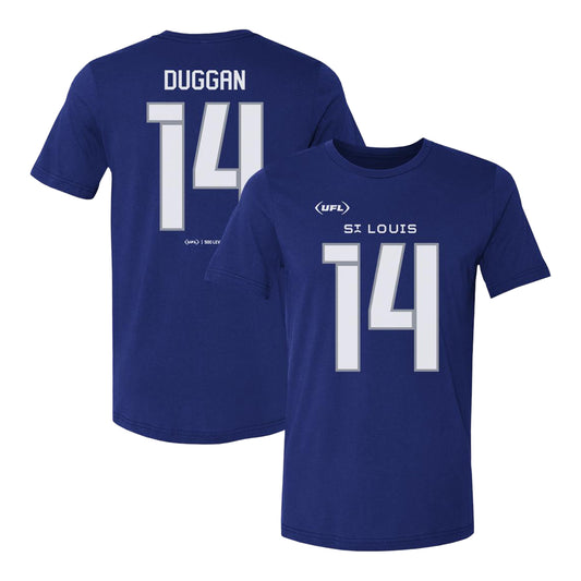 St. Louis Battlehawks Max Duggan #10 Player T-Shirt In Blue - Front & Back View