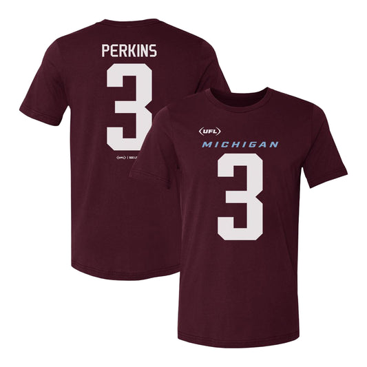 Michigan Panthers Bryce Perkins #3 Player T-Shirt In Red - Front & Back View