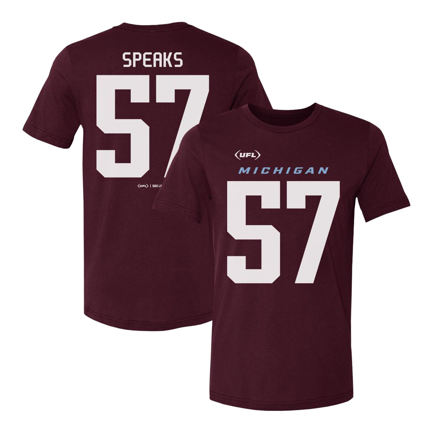 Michigan Panthers Breeland Speaks #57 Player T-shirt In Red - Front & Back View