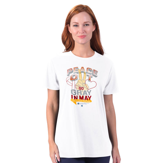 UFL MSX by Michael Strahan Women's Go Gray in May Awareness T-Shirt In White - Front View On Model