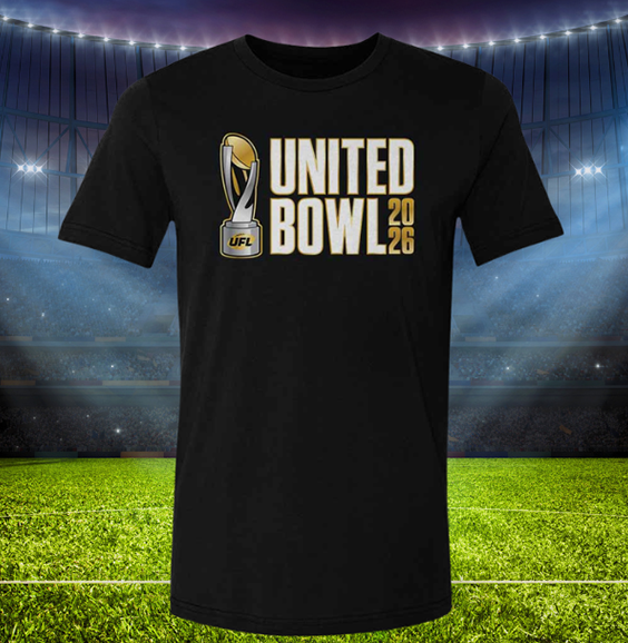 Black United Bowl 2026 t-shirt with a football trophy graphic