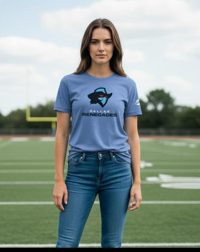 A woman wearing Dallas Renegades gear from The UFL Shop